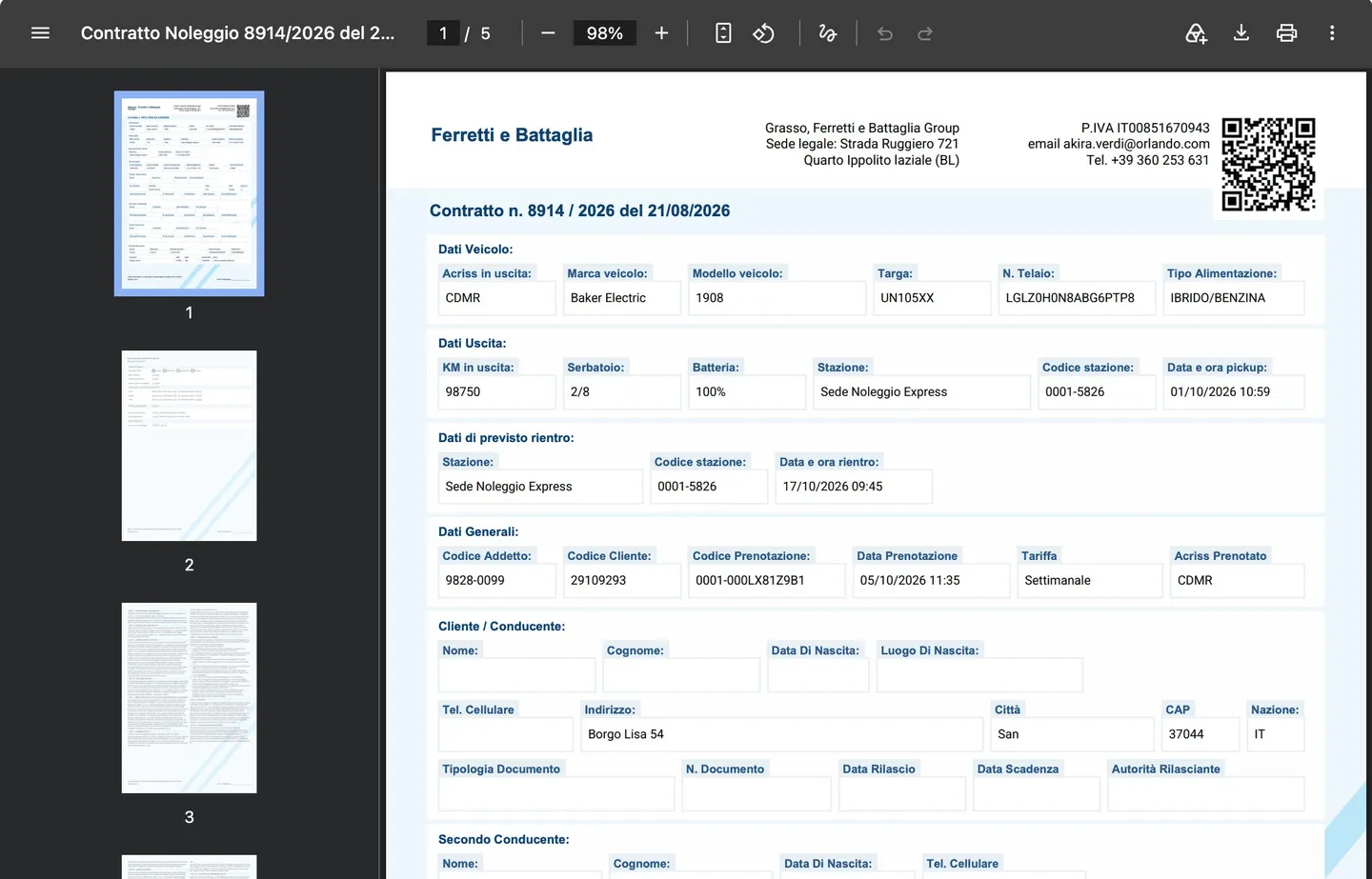 Contratto di noleggio in PDF generato alla consegna: dati veicolo, uscita, rientro previsto, cliente e conducenti